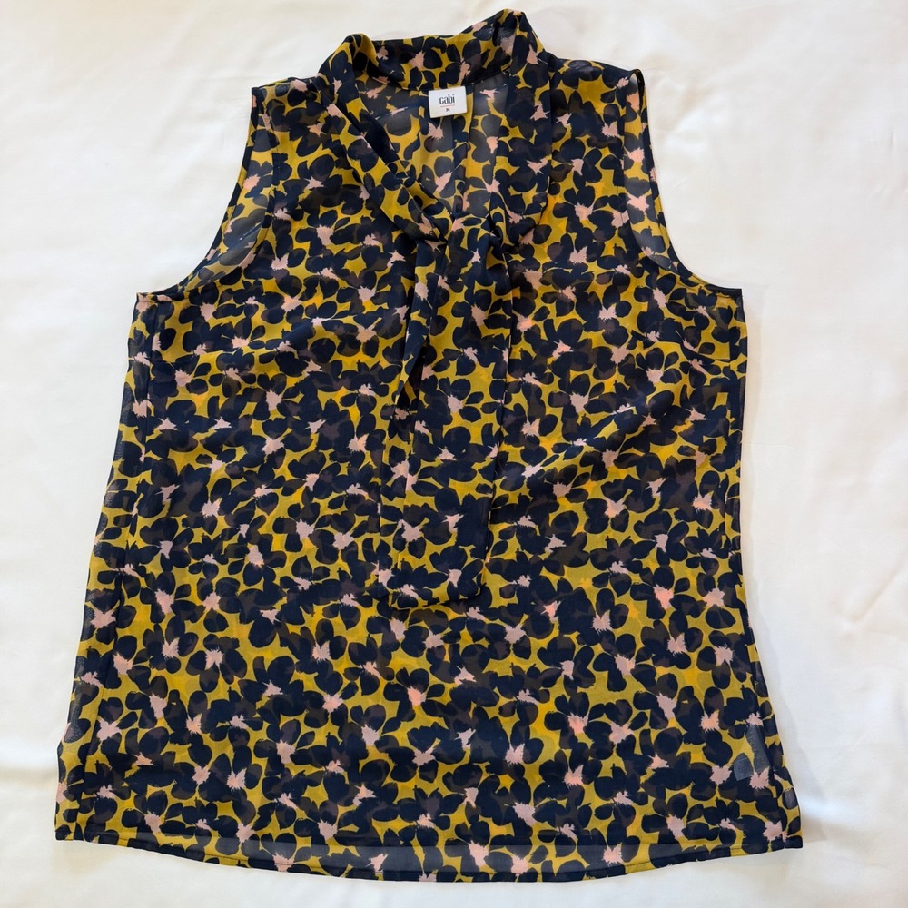 Tie Neck Sheer Blouse Cabi Flynn 3790 Sz Medium Yellow Navy Floral Boho Romantic